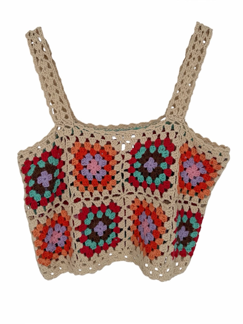 Cotton Emporium Crochet Granny Square Cropped Tank Top Tan - Size L